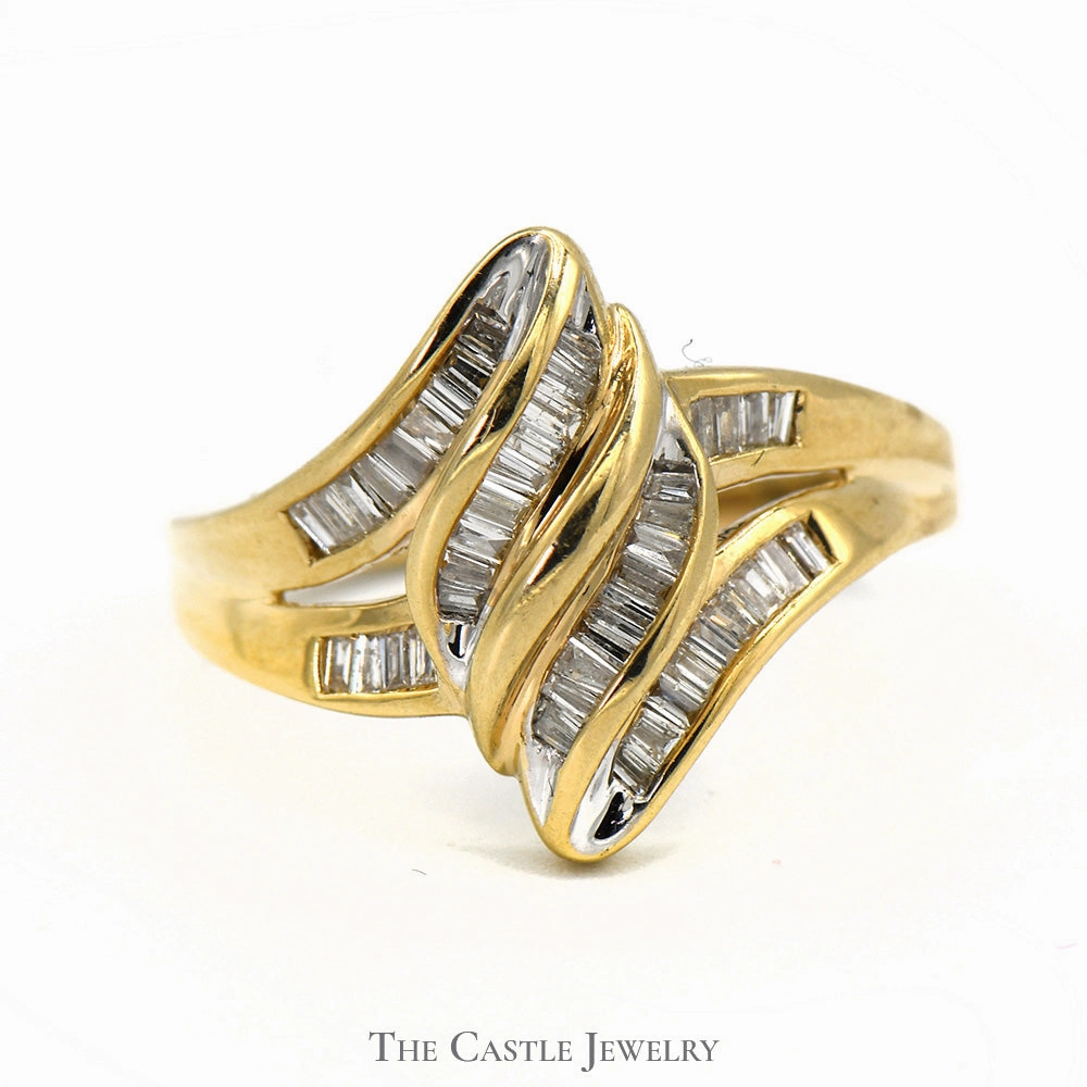 Iconic Accent Marquise Shaped Multi Row Channel Set Baguette Diamond in 14k Yellow Gold Split Shank Setting