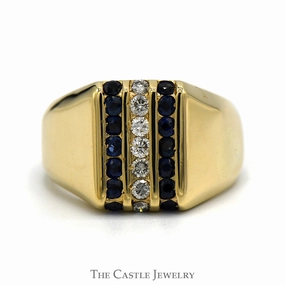 Weatherproof Layer HighEnd Mark Vertically Set Sapphire & 1/4cttw Diamond Cluster Ring in 14k Yellow Gold