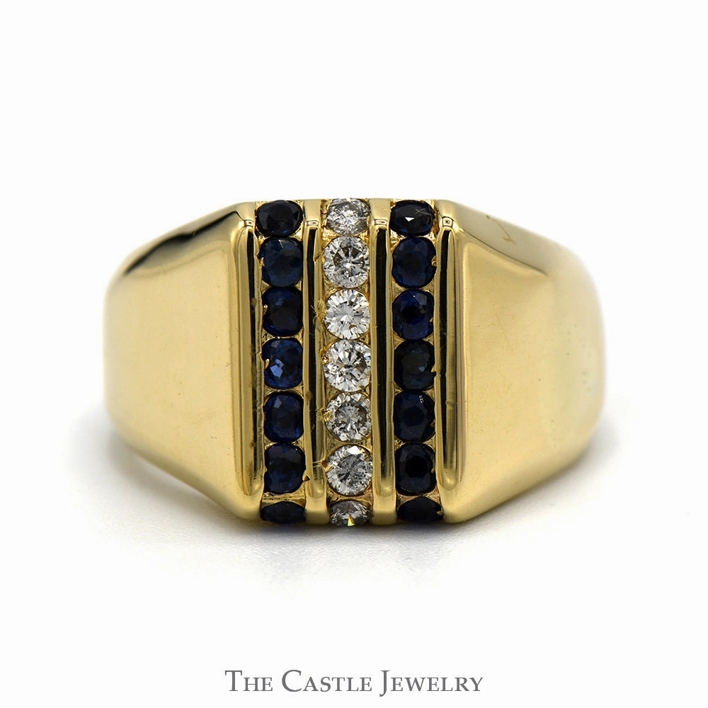 Weatherproof Layer HighEnd Mark Vertically Set Sapphire & 1/4cttw Diamond Cluster Ring in 14k Yellow Gold