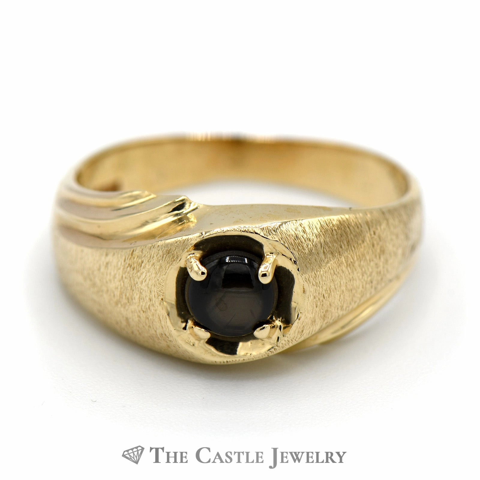 Men's Round Black Lindy Star Sapphire Ring in 10k Yellow Gold Casual Contour Brilliant Adornment