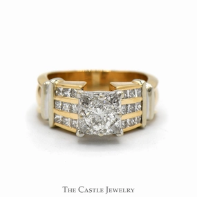 Custom Gift Square Shaped Illusion Set Diamond Ring with Princess Cut Accented Sides in 14k White & Yellow Gold