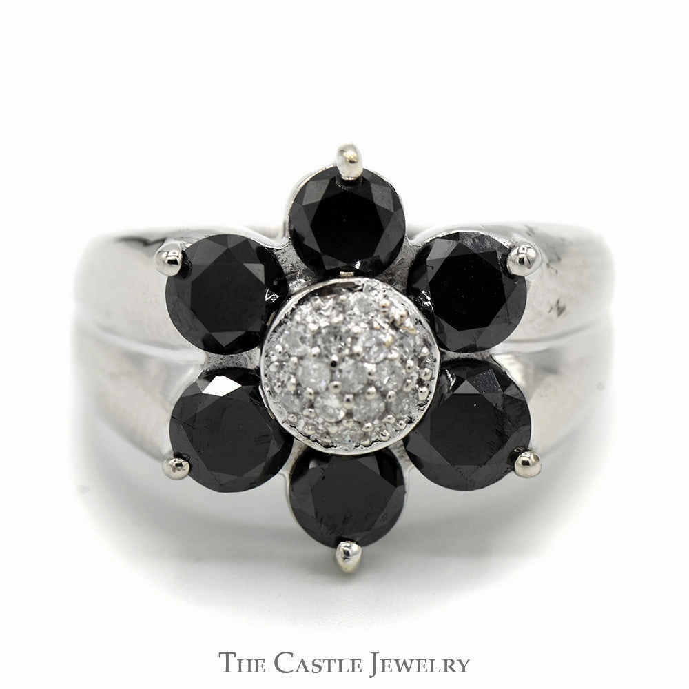 Elegant Piece Fantastic Object 2.5cttw Black and White Diamond Flower Cluster Ring in 10k White Gold