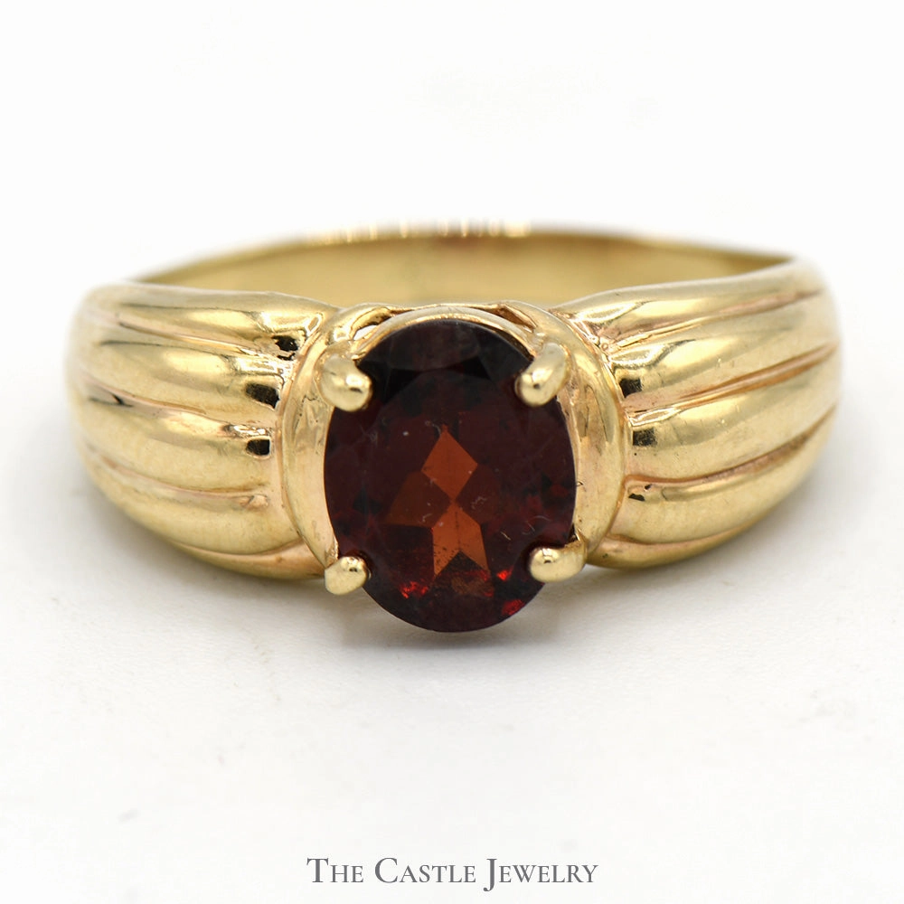Timeless Spark Oval Garnet Ring with Ridged Sides in 10k Yellow Gold