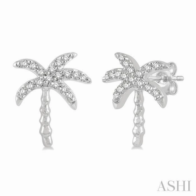1/10 Ctw Palm Tree Round Cut Diamond Petite Fashion Earring in 10K White Gold Stylish Sparkle