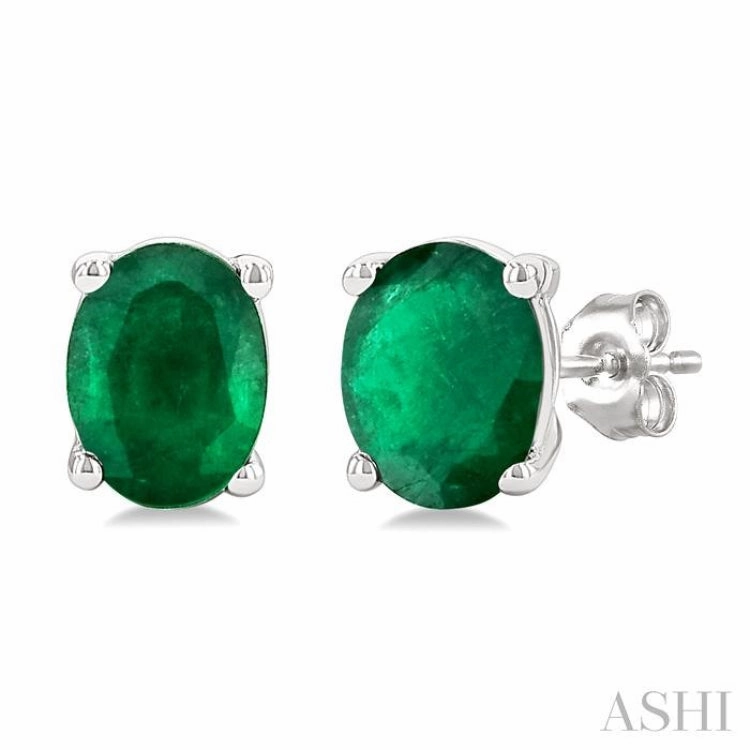 4X3 MM Oval Shape Emerald Precious Stud Earrings in 14K White Gold Camera Ready