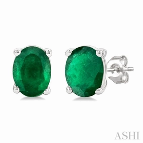4X3 MM Oval Shape Emerald Precious Stud Earrings in 14K White Gold Camera Ready