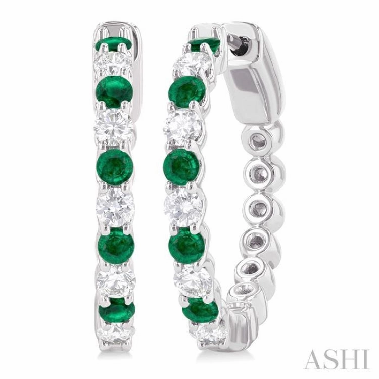 Crystal Clear Opulent Craft 2.4 MM Round Shape Emerald and 5/8 ctw Round Cut Diamond Precious Hoop Earring in 14K White Gold