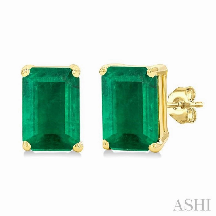 6X4 MM Octagon Shape Emerald Precious Gemstone Stud Earrings in 14K Yellow Gold Petite Shine Artistic Form