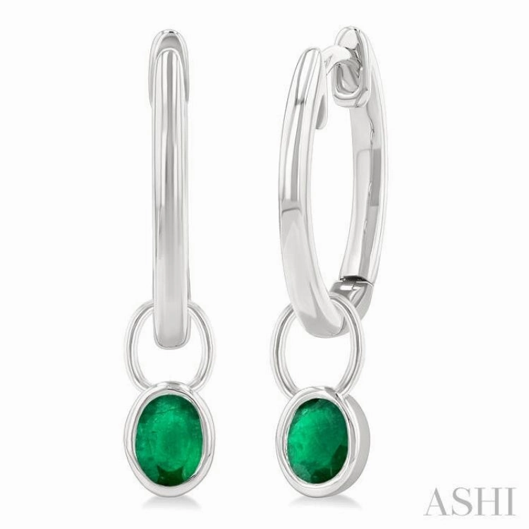 5x3 MM Bezel Set Oval Cut Emerald Precious Fashion Huggie Earrings in 10K White Gold Rich Detailing