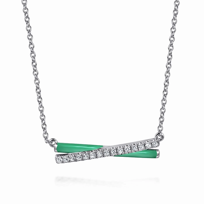 925 Sterling Silver White Sapphire and Mint Cockatoo Enamel Criss Cross Bar Necklace Petite Shine Natural Touch