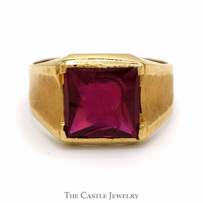 Bridal Shower Luxury product Men's Synthetic Ruby Intaglio Ring with Brush Textured Sides in 18k Yellow Gold