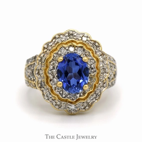 Handcrafted Statement Sparkling Gift Oval Tanzanite Ring with 3/4cttw Diamond Accented Sides and Halo in 14k Yellow Gold