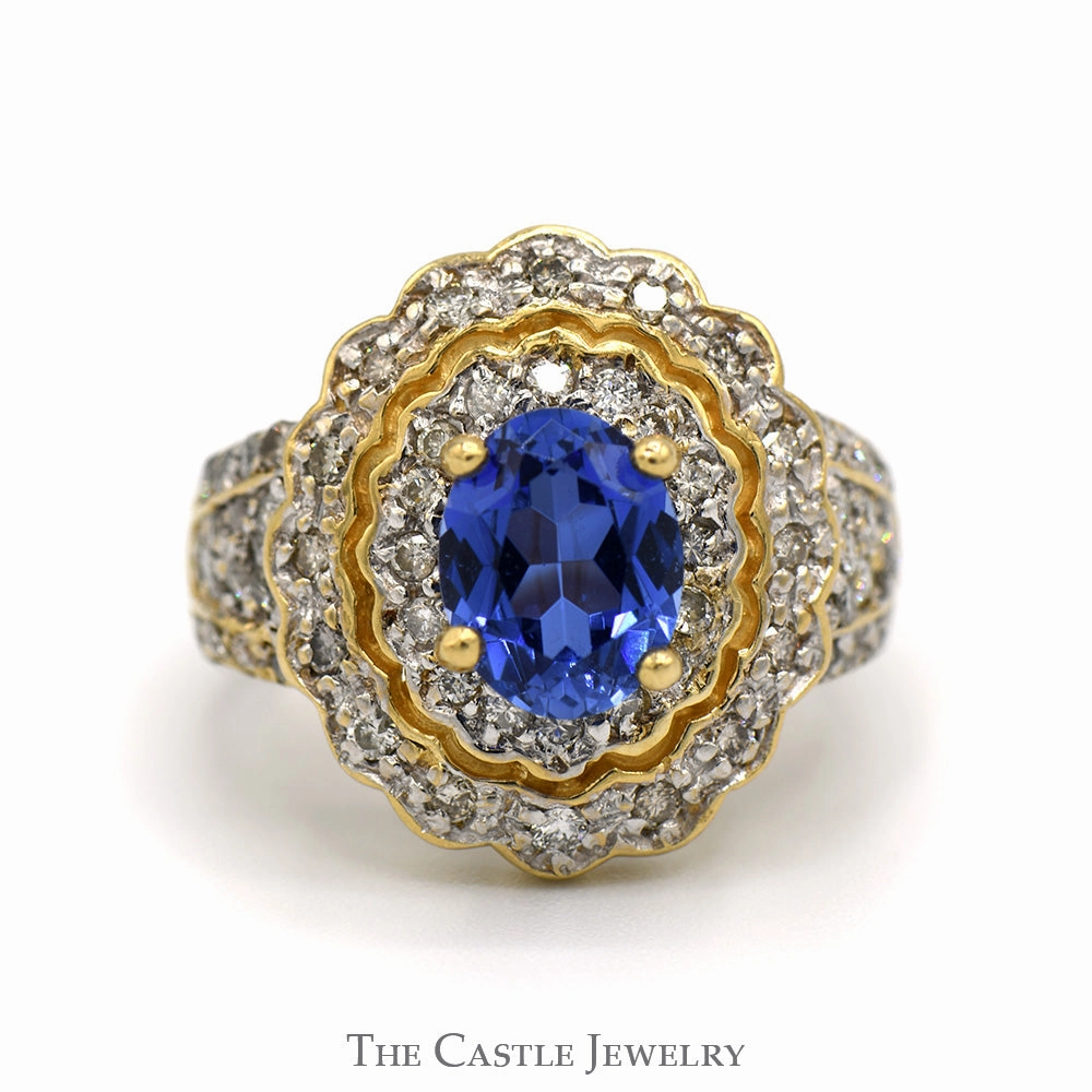 Handcrafted Statement Sparkling Gift Oval Tanzanite Ring with 3/4cttw Diamond Accented Sides and Halo in 14k Yellow Gold