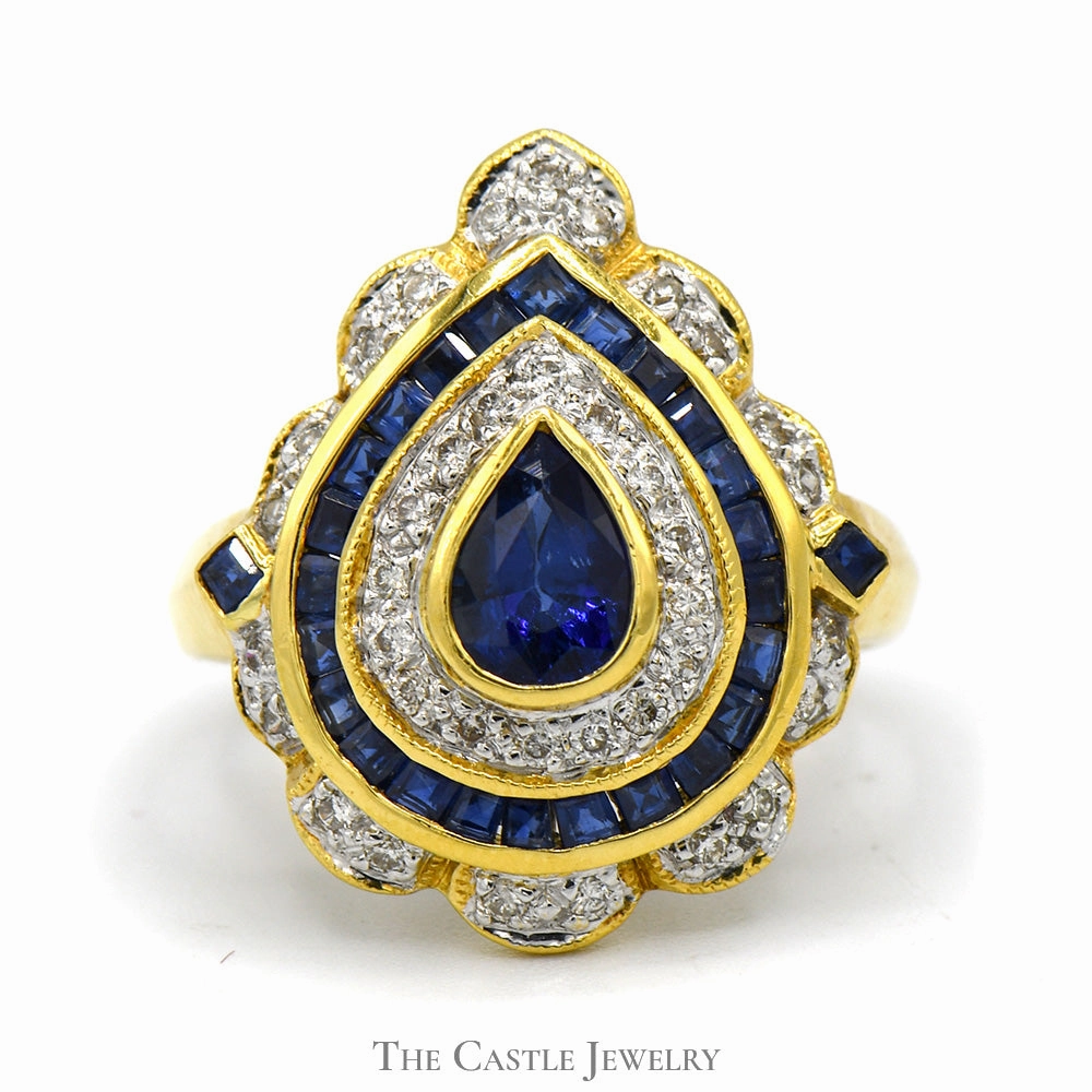 Unique Bauble Couture Accessory Pear Shaped Sapphire Ring with Diamond & Sapphire Halo in 18k Yellow Gold