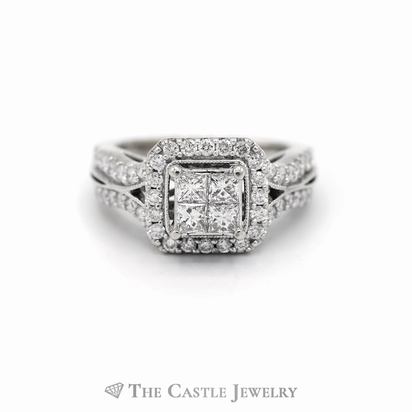 1CTTW Invis Set Bridal Ring with Round Diamond Center & Square Diamond Halo in 14KT White Gold Comfortable Wear