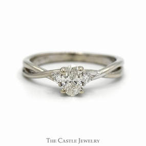 Oval Cut Diamond Engagement Ring with Round Diamond Sides in 10k White Gold Twisted Setting Luxe Finish Personal Piece