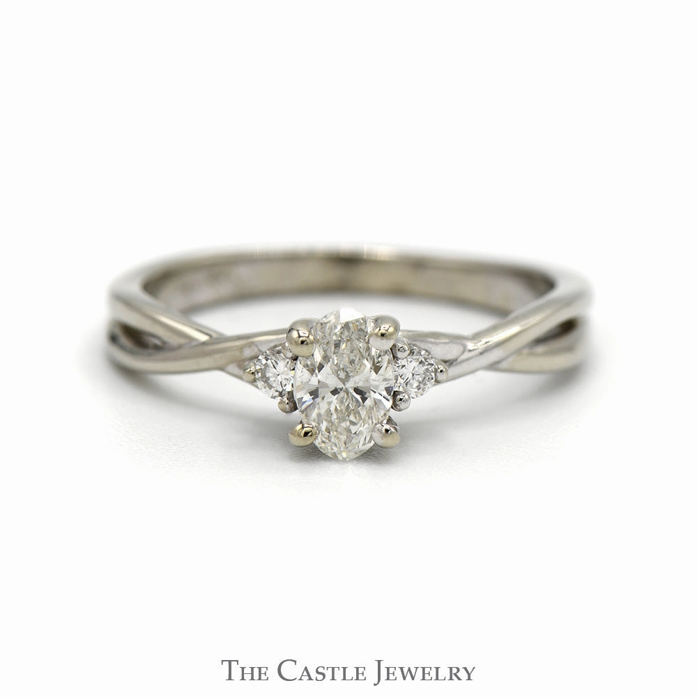 Oval Cut Diamond Engagement Ring with Round Diamond Sides in 10k White Gold Twisted Setting Luxe Finish Personal Piece