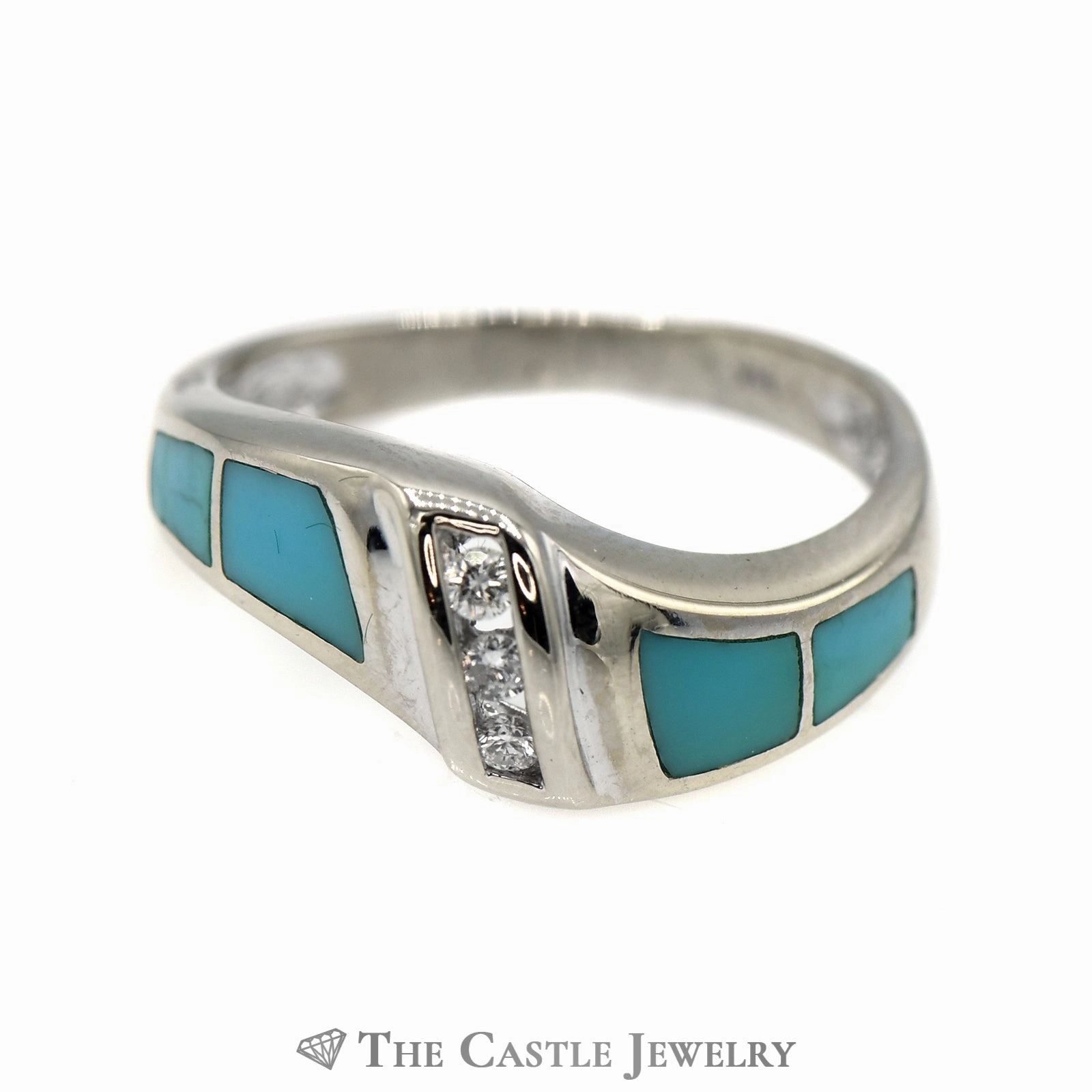 Triple Channel Set Diamond Band with Turquoise Inlay Accents in 14k White Gold All Season