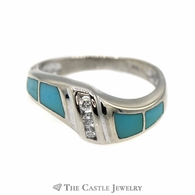 Triple Channel Set Diamond Band with Turquoise Inlay Accents in 14k White Gold All Season