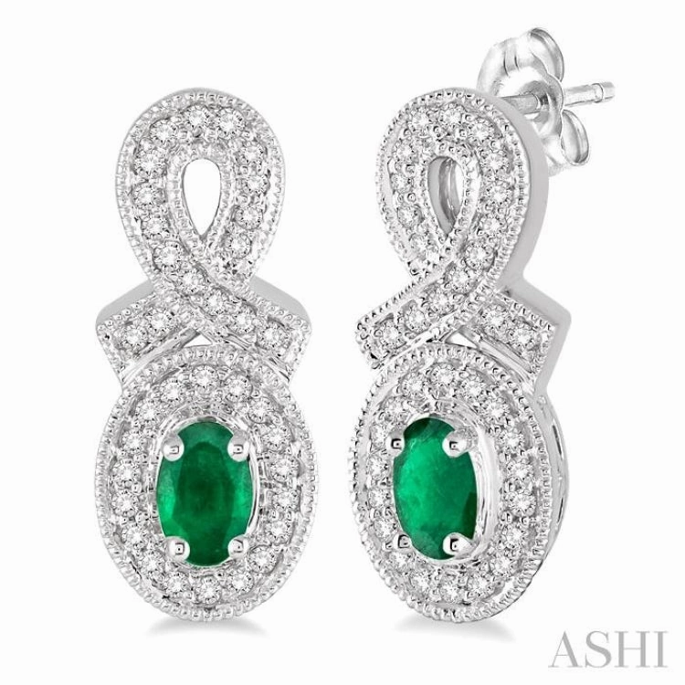 5x3 MM Oval Cut Emerald and 1/3 ctw Round Cut Diamond Earrings in 10K White Gold Understated Fit