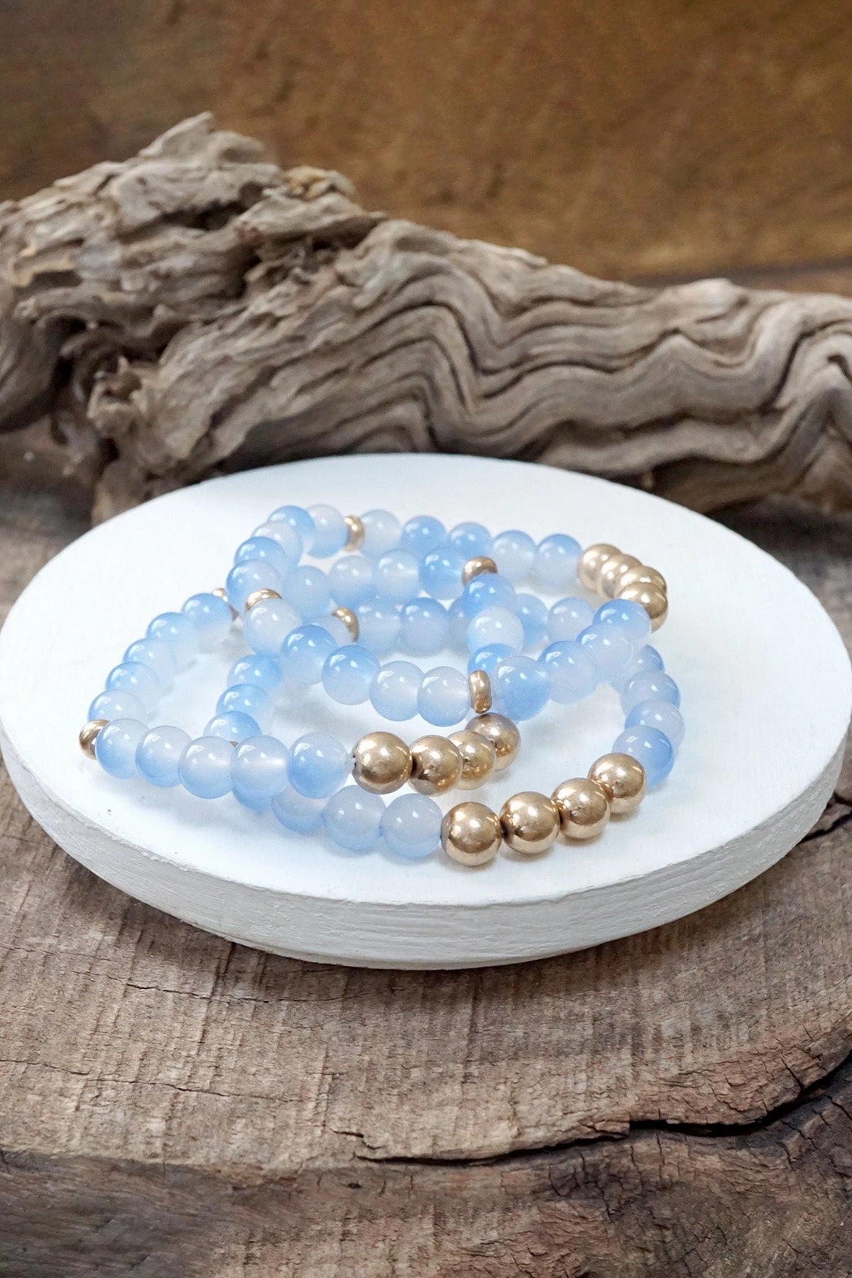 Proportional Accent Laser Cutouts Worn gold tone and glass beads bracelets stack Hot Pink Blue Green