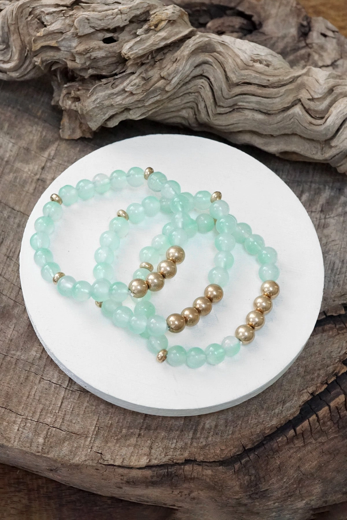 Worn gold tone and glass beads bracelets stack Hot Pink Blue Green Gold Plated Latest Drop