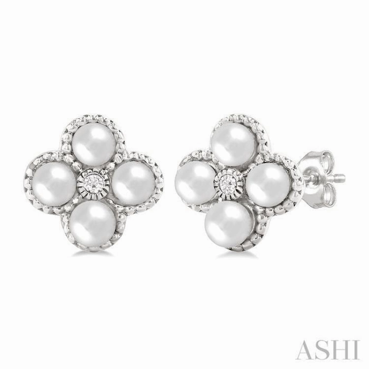 3 MM Clover Cultured Pearl and 1/50 Ctw Round Cut Diamond Fashion Earrings in 10K White Gold Finishing Touch