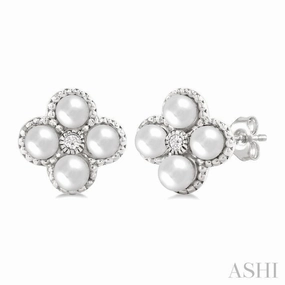 3 MM Clover Cultured Pearl and 1/50 Ctw Round Cut Diamond Fashion Earrings in 10K White Gold Finishing Touch