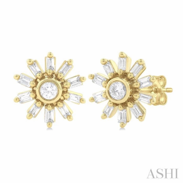 1/4 Ctw Petite Wheel Baguette and Round Cut Diamond Fashion Stud Earring in 10K Yellow Gold Petite Glam