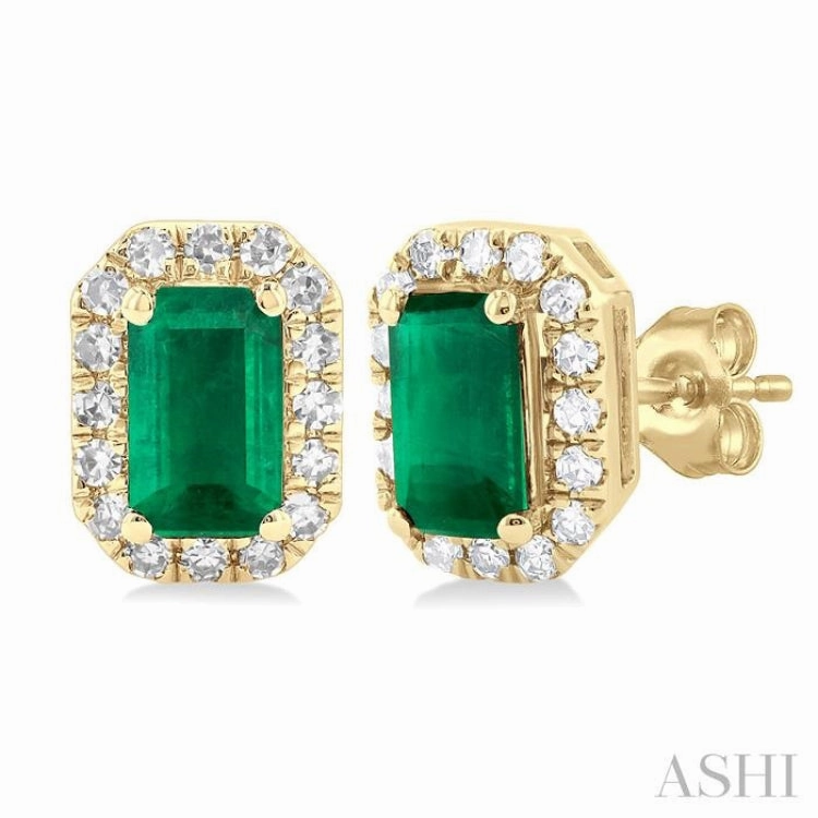 Occasion Accent 5x3 MM Octagonal Shape Emerald and 1/8 Ctw Single Cut Diamond Halo Precious Stud Earrings in 14K Yellow Gold