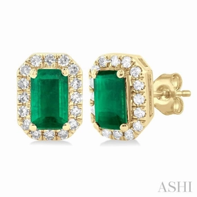 Occasion Accent 5x3 MM Octagonal Shape Emerald and 1/8 Ctw Single Cut Diamond Halo Precious Stud Earrings in 14K Yellow Gold