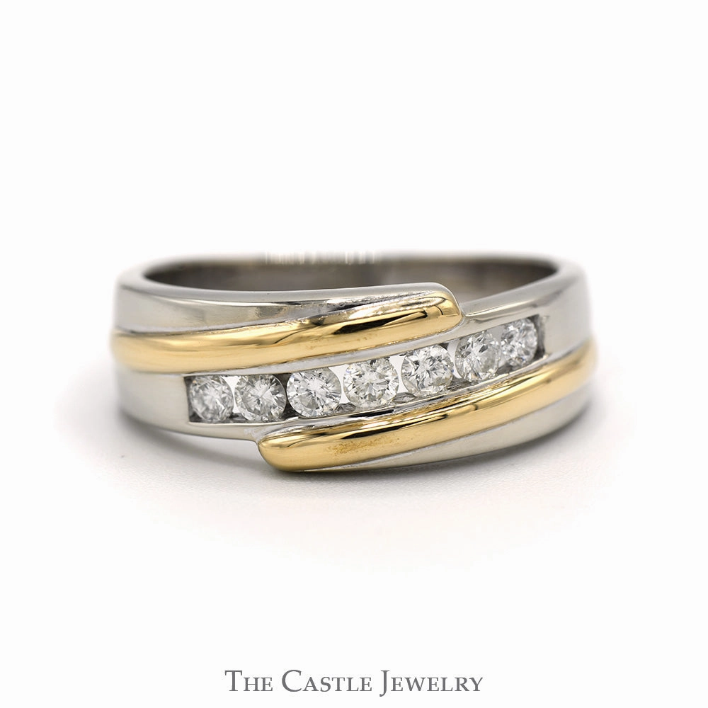 1/2cttw Channel Set 7 Diamond Men's Diagonal Bypass Wedding Band in 14k Two Tone Gold Minimalist Keepsake Sturdy Statement