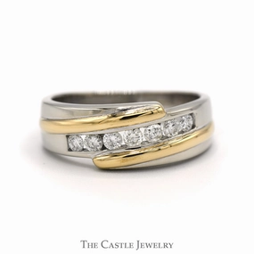 1/2cttw Channel Set 7 Diamond Men's Diagonal Bypass Wedding Band in 14k Two Tone Gold Minimalist Keepsake Sturdy Statement