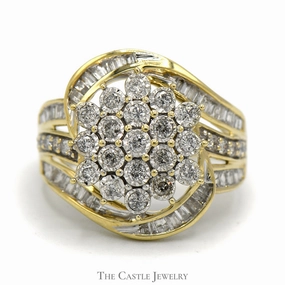 Elegant Texture Vintage Decoration Flower Shaped 1cttw Diamond Cluster Ring with Channel Set Baguette Accents  in 10k Yellow Gold