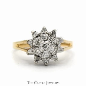 Flower Shaped Diamond Cluster Ring with Split Shank Sides in 14k Yellow Gold Easy Maintenance