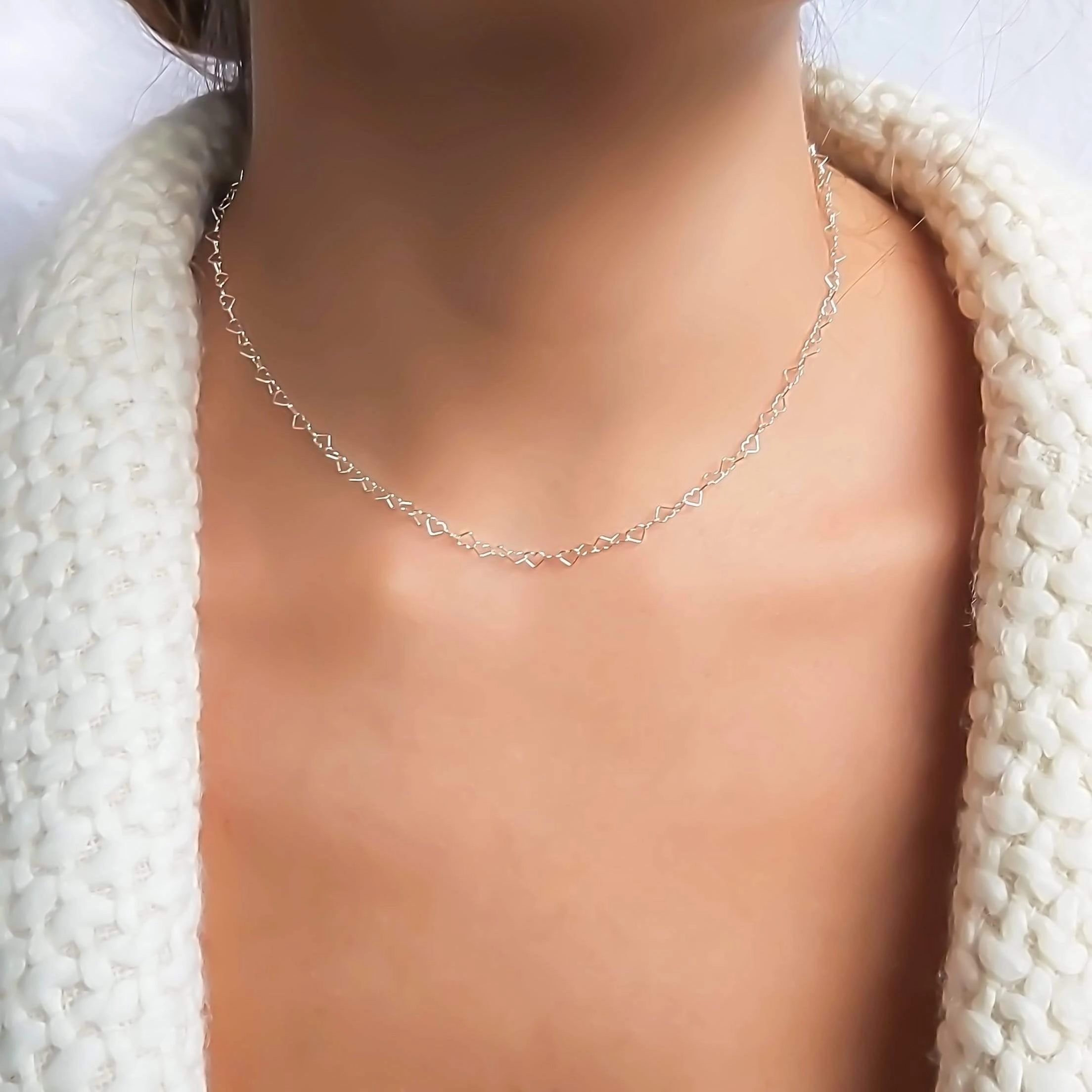 Dainty Sterling Silver Heart Link Chain Choker Necklace Signature Look Birthday gift
