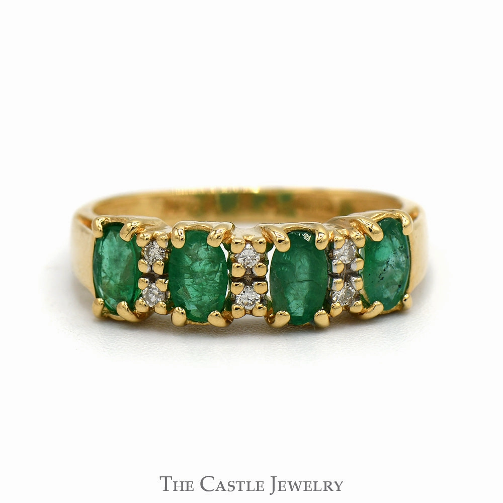 Elegant adornment Classic Bauble Four Oval Emerald Ring with Diamond Accents in 14k Yellow Gold