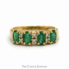 Elegant adornment Classic Bauble Four Oval Emerald Ring with Diamond Accents in 14k Yellow Gold