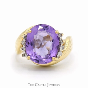 Oval Cut Amethyst Ring with Diamond Accented Ridged Sides in 10k Yellow Gold Everyday Choice