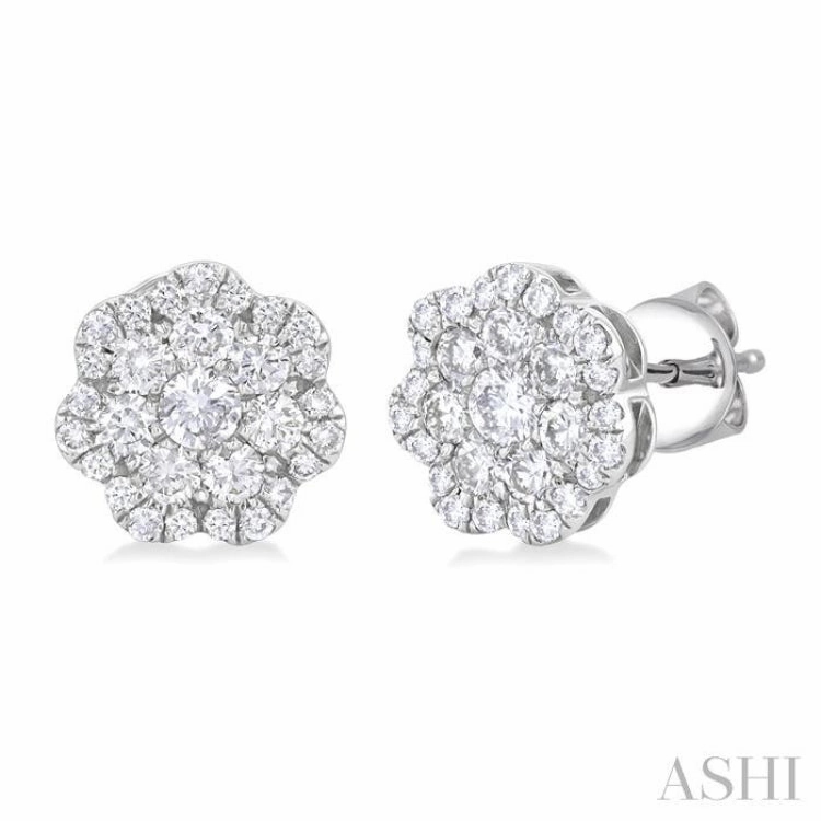 3/4 ctw Flower Pattern Round Cut Diamond Fashion Stud Earrings in 14K White Gold Timeless Gems