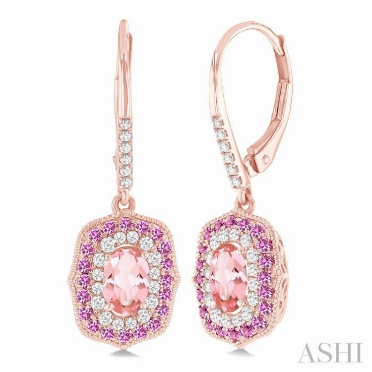 Natural Touch Stylish Spark 6x4 MM Oval Cut Morganite, 1.25 MM Pink Sapphire and 1/3 Ctw Round Cut Diamond Halo Precious and Semi-Precious Fashion Earrings in 14K Rose Gold