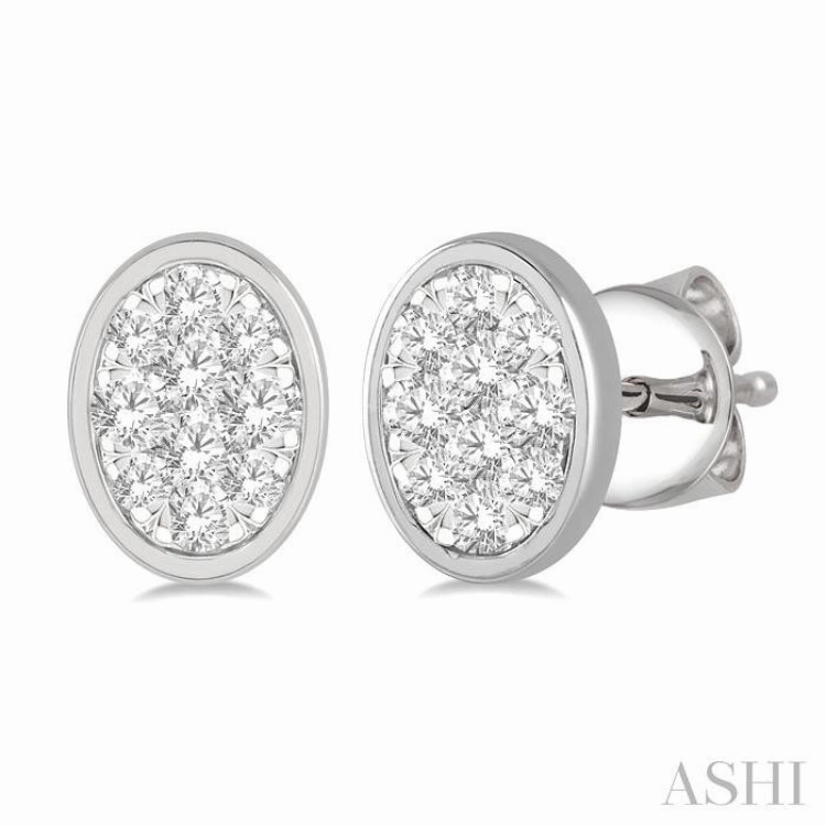 1/3 Ctw Oval Shape Lovebright Round Cut Diamond Bezel Stud Earring in 14K White Gold Soft Features