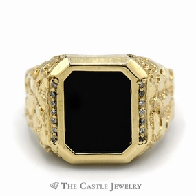 Online Exclusive Emerald Cut Black Onyx Ring with Diamond Accents in 10k Yellow Gold Nugget Mounting
