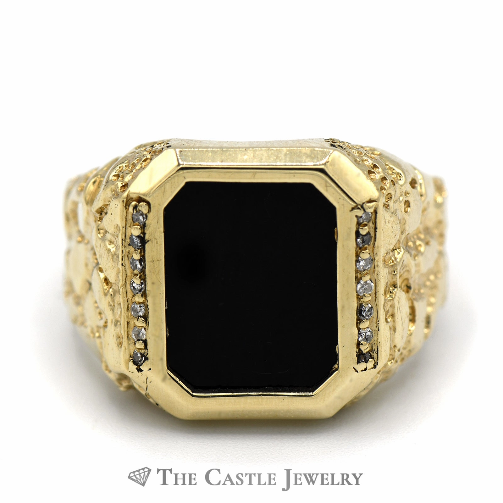 Online Exclusive Emerald Cut Black Onyx Ring with Diamond Accents in 10k Yellow Gold Nugget Mounting