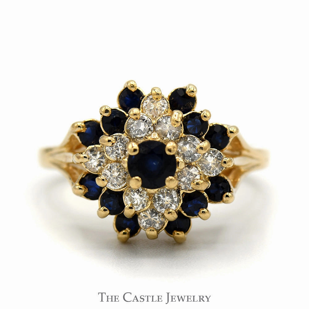 Deluxe Gift Hard Surface Vintage Style Sapphire & Diamond Cluster Ring in 14k Yellow Gold