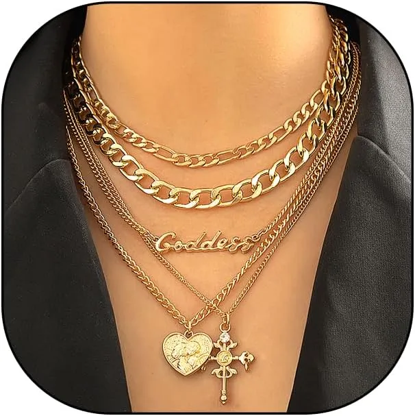 FUTIMELY Chunky Layered Heart Cross Necklaces for Women Gothic Love Crucifix Figaro Chain Necklaces Adjustable Geometry Cross Necklaces Party Jewelry Gift