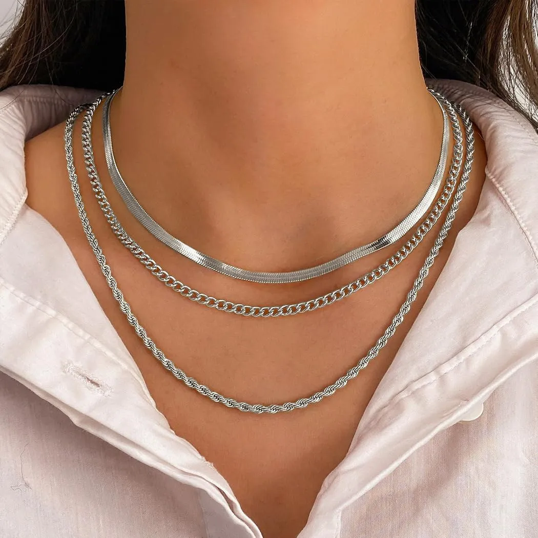 FUTIMELY Gold Layered Choker Necklaces Set for Women Dainty Stackable Silver Herringbone Chain Necklaces Adjustable Simple Twist Link Necklaces Jewelry Gifts