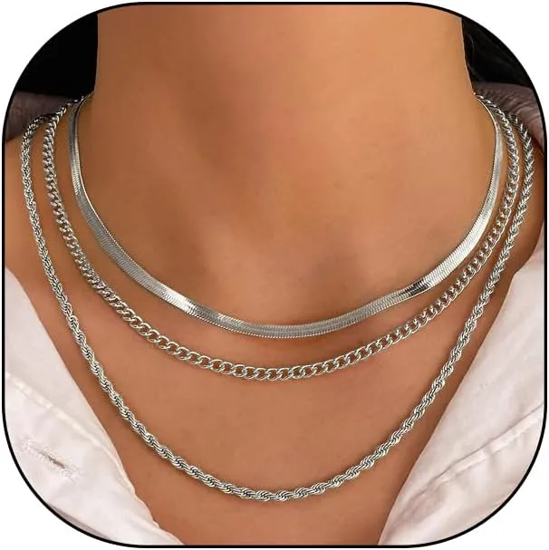 FUTIMELY Gold Layered Choker Necklaces Set for Women Dainty Stackable Silver Herringbone Chain Necklaces Adjustable Simple Twist Link Necklaces Jewelry Gifts