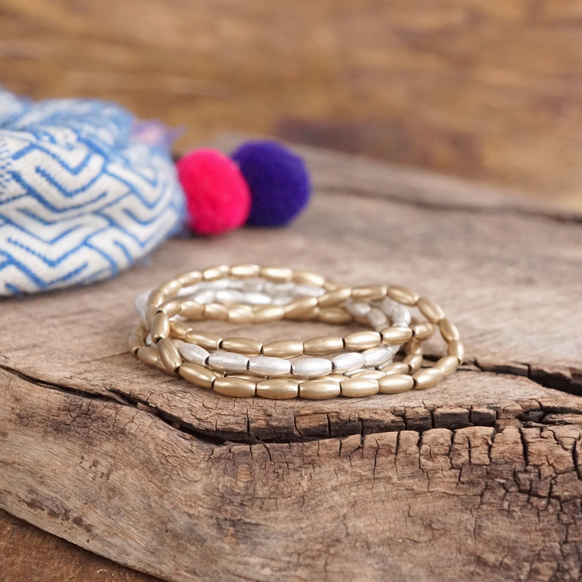 Praiseworthy Combination Multiple Composites Metal Beaded bracelet stack 5 bracelets - Gold Silver tone