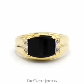 Domed Black Onyx Ring with Illusion Set Diamond Accented Sides in 10k Yellow Gold HighEnd Sign